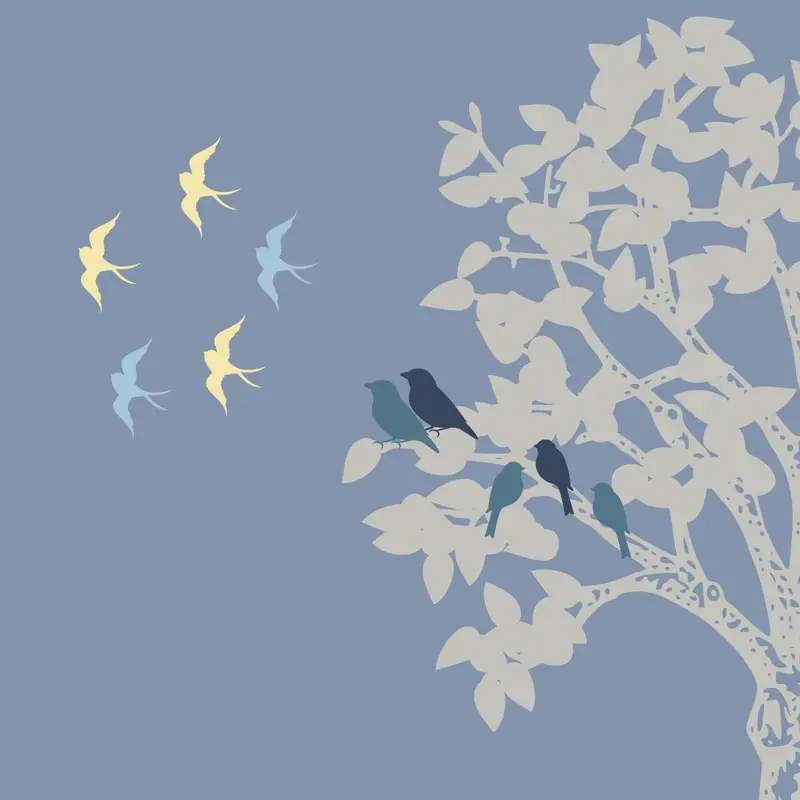 A remembrance print featuring birds and a tree